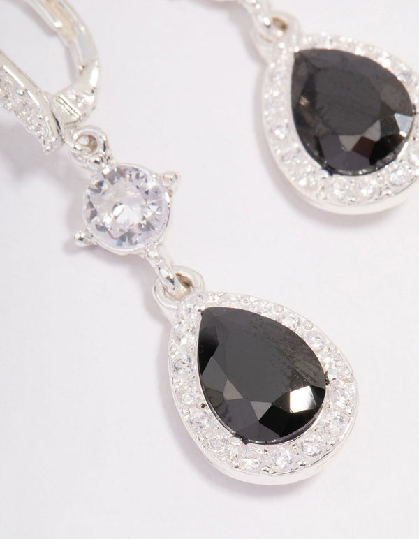 Silver Cubic Zirconia Black Pear Huggie Hoop Earrings