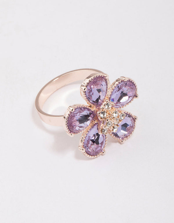Elegant rose gold lilac flower petal ring side detail view