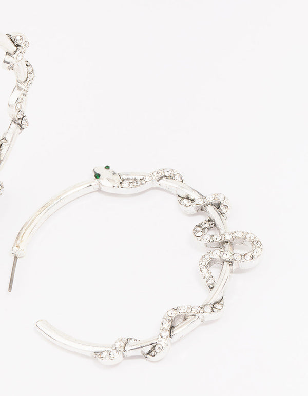 Antique Silver Snake Diamante Medium Hoop Earrings