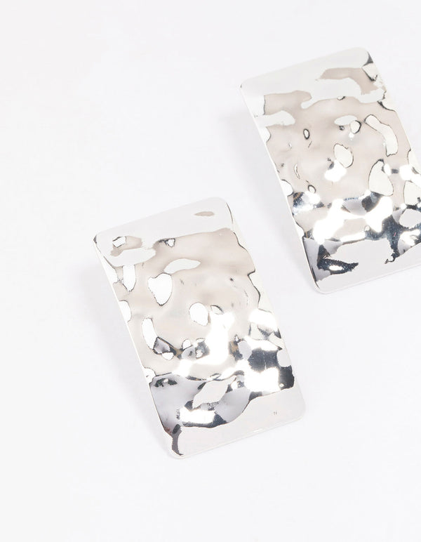 Silver Hammered Rectangular Stud Earrings