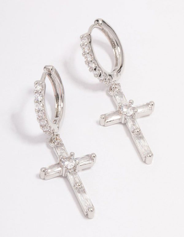 Silver Cubic Zirconia Cross Huggie Hoop Earrings