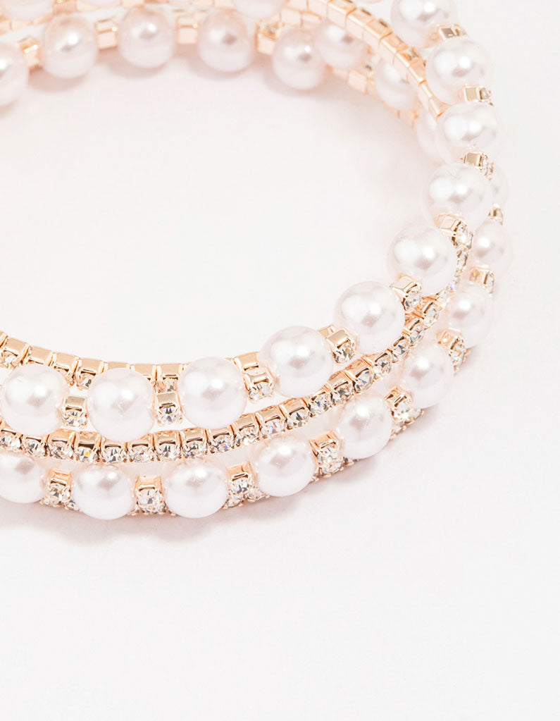 Rose Gold Pearl & Diamante Wrapped Bracelet