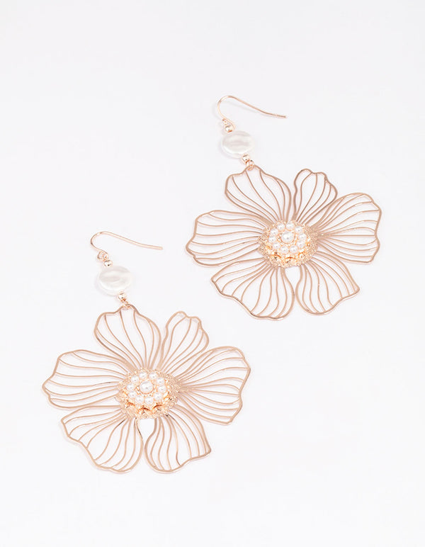 Rose Gold Wire Flower Pearl Drop Earrings