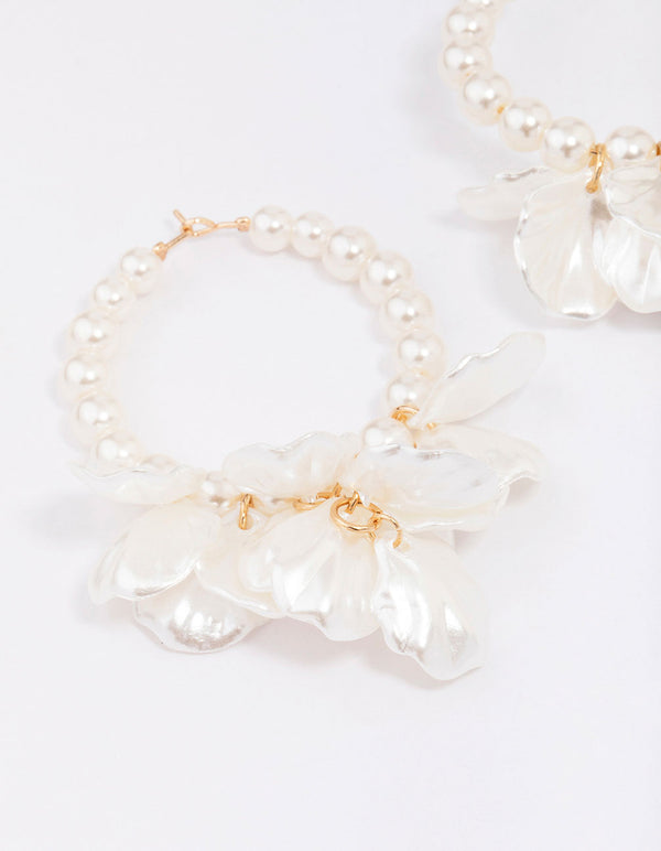 Gold Pearl Petal Hoop Earrings
