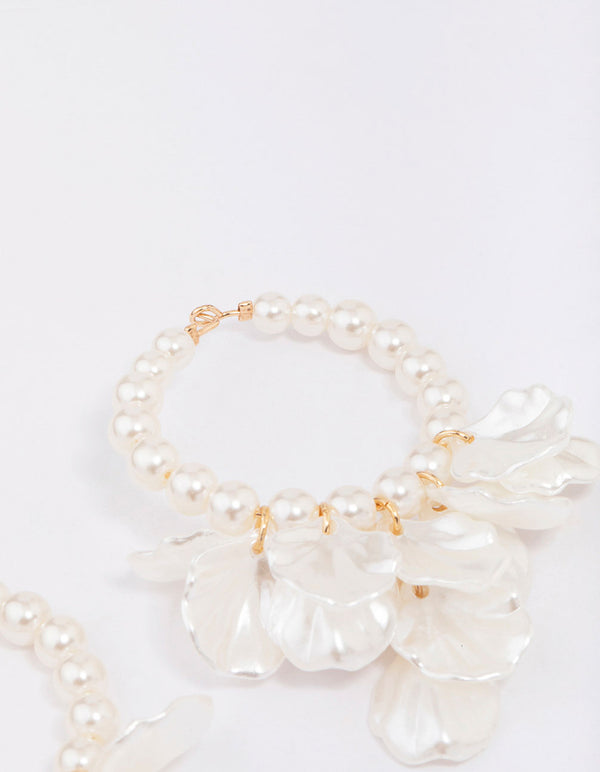 Gold Pearl Petal Hoop Earrings