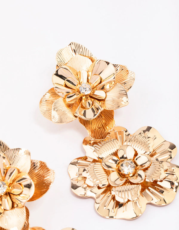 Gold Molten Double Flower Drop Earrings