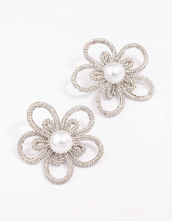 Silver Pearl Flower Statement Stud Earrings