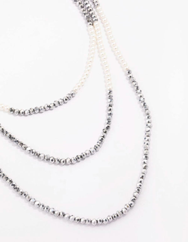 Rhodium Pearl Facet Layered Necklace
