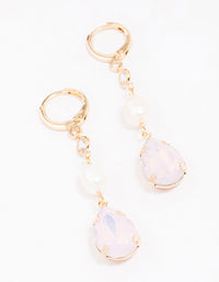 Gold Pearl Double Huggie Drop Earrings - link has visual effect only
