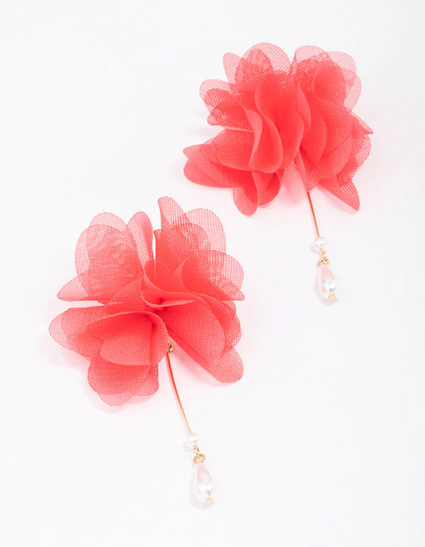 Red Fabric Flower Pearl Drop Earrings