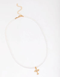 Gold Pearl Cross Pendant Necklace - link has visual effect only