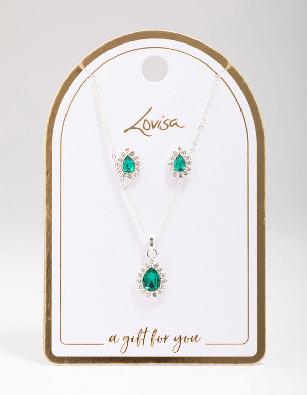 Silver Emerald Teardrop Diamante Jewellery Set
