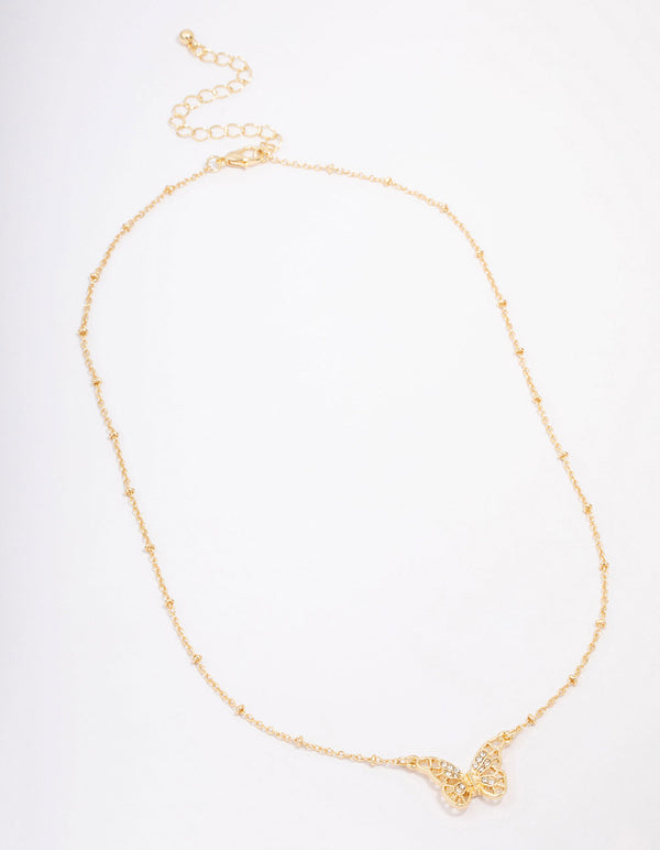 Gold Plated Diamante Filigree Butterfly Pendant Necklace