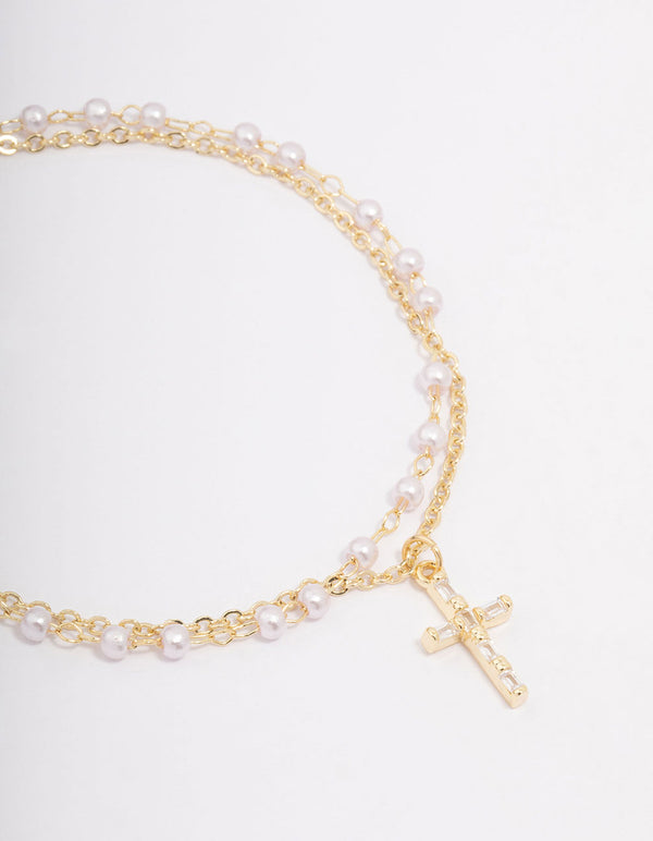 Gold Plated Diamante & Pearl Layered Bracelet