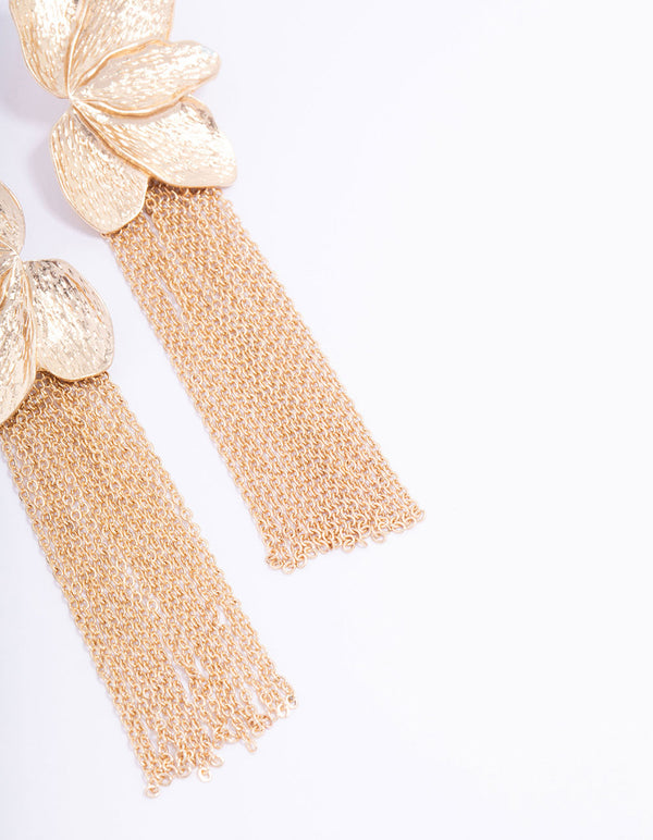 Gold Textured Flower Cup Chain Drop Earrings
