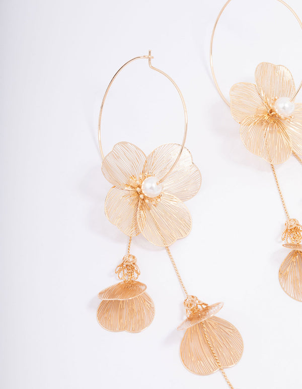 Gold Textured Petal Pearl Drop Earrings