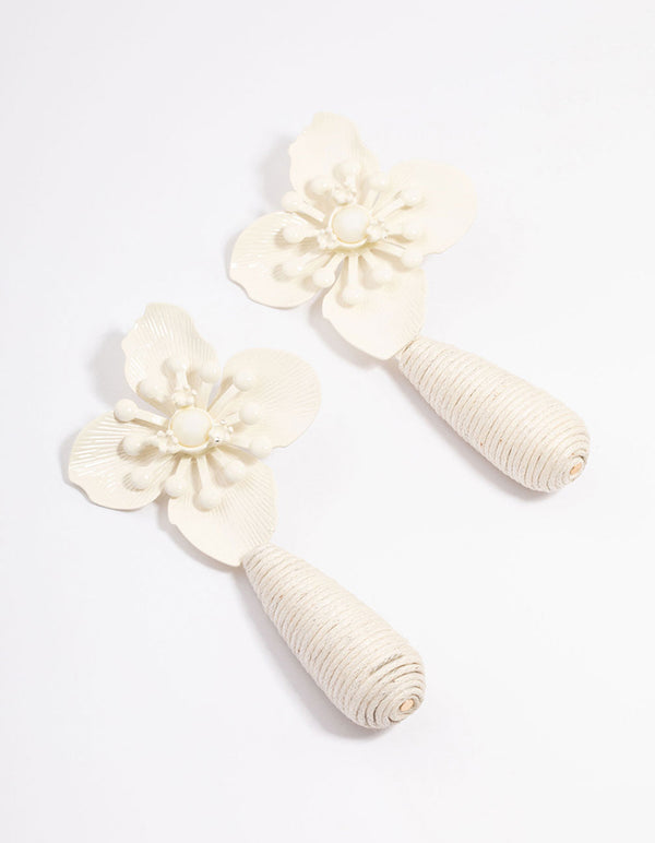 Cream Flower Wrapped Teardrop Earrings