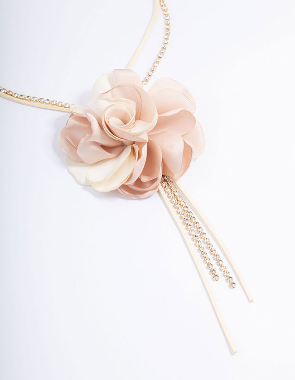 Fabric Flower Diamante Cord Lariat Necklace