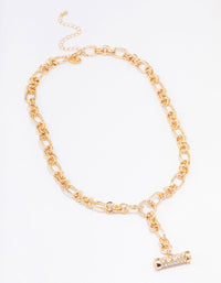 Gold Round Link Diamante Toggle Necklace - link has visual effect only