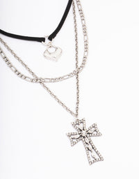 Silver Diamante Cross Cord Layered Necklace - link has visual effect only