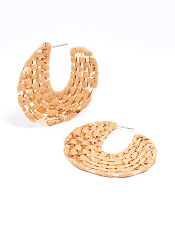 Gold Woven Raffia Curved Hoop Earrings