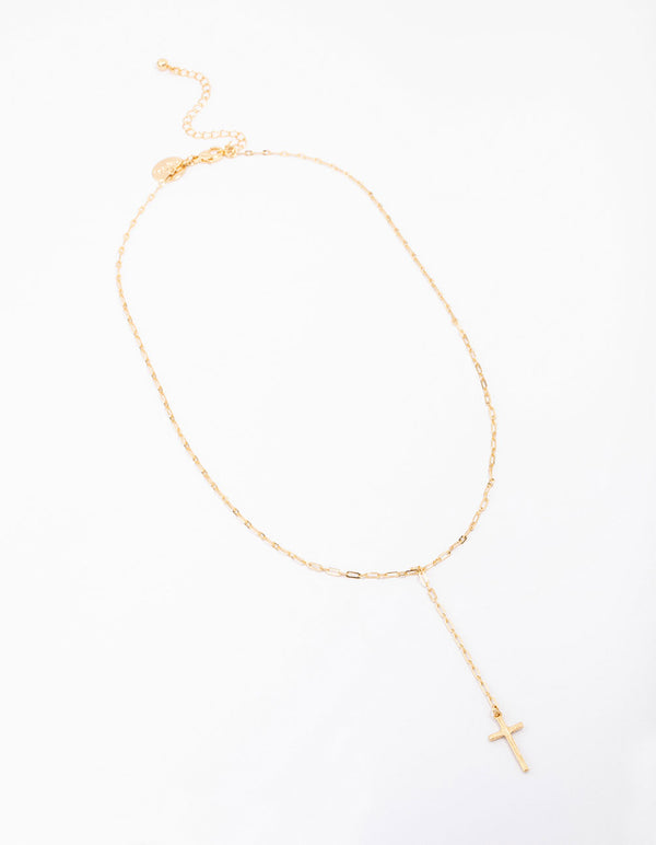 Gold Plated Cable Cross Lariat Necklace