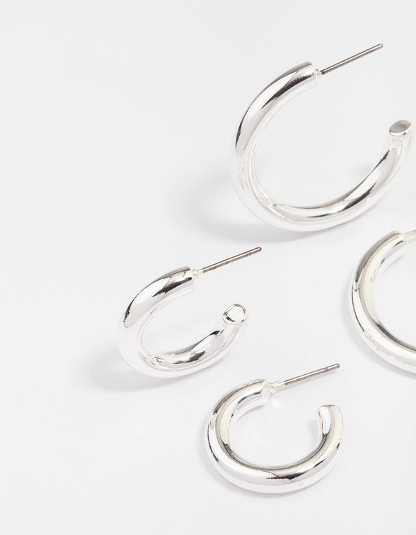 Silver Plated Chunky Modern Hoop Earring 3-Pack