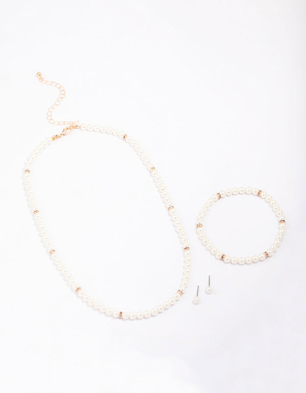 Rose Gold Pearl Necklace, Earrings & Bracelet Set