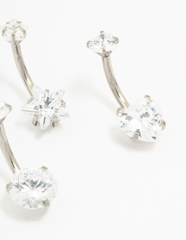Surgical Steel Star & Heart Crystal Belly Piercing 3-Pack