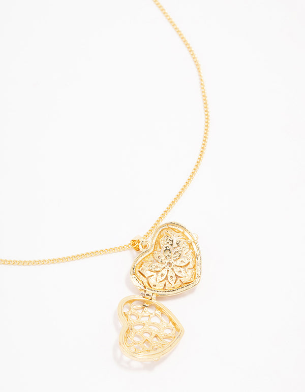 Gold Plated Heart Locket Cubic Zirconia Pendant Necklace