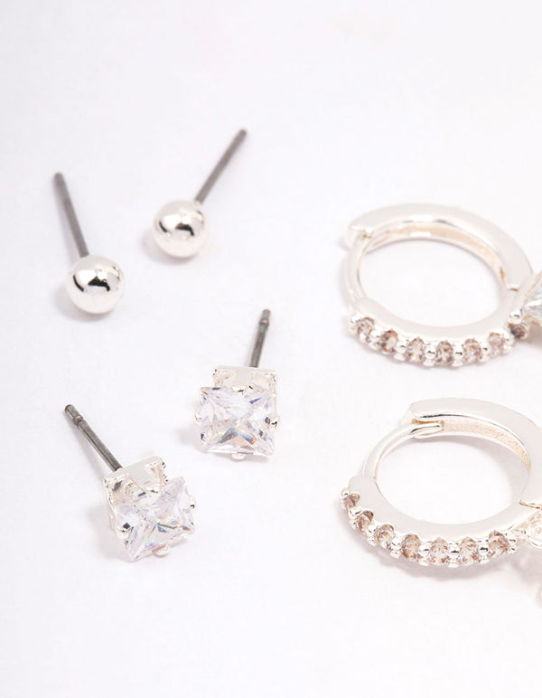 Silver Plated Princess Huggie Hoop Earring 4-Pack