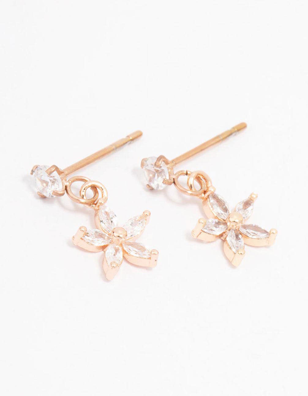 Rose Gold Plated Surgical Steel Cubic Zirconia Flower Drop Stud Earrings