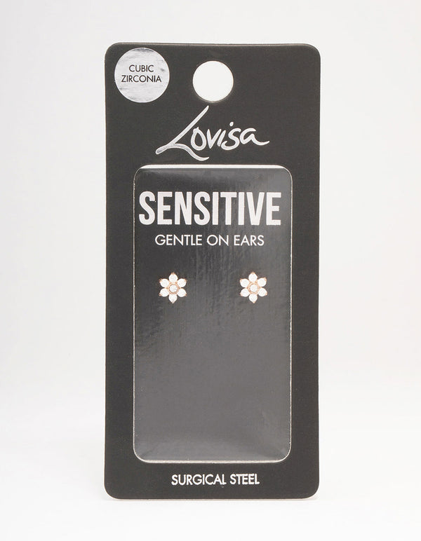 Rose Gold Plated Surgical Steel Cubic Zirconia Flower Stud Earrings