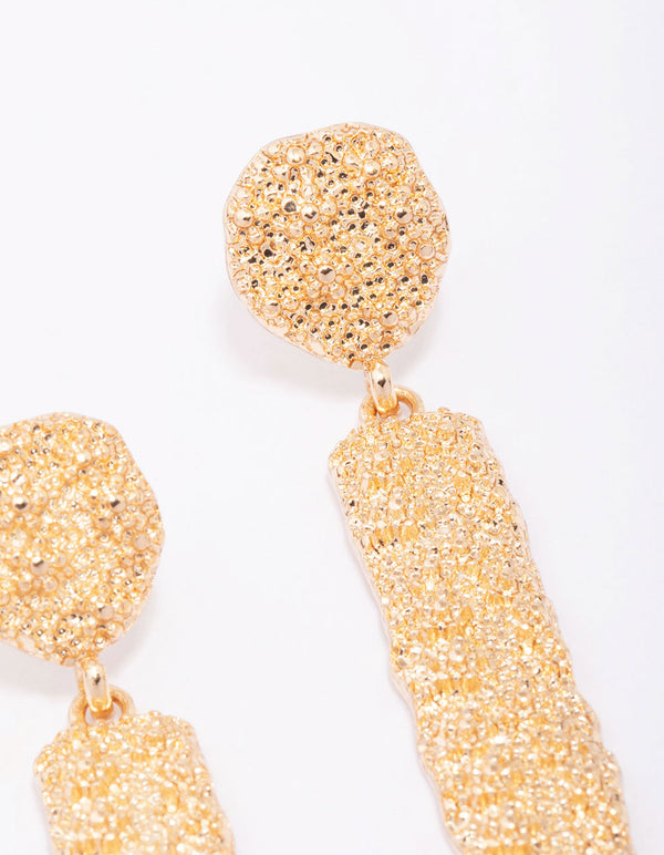 Gold Long Rectangular Textured Drop Earrings