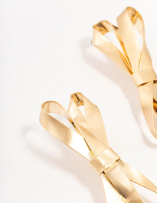 Gold Plated Large Bow Drop Stud Earrings