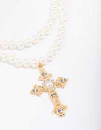 Gold Pearl Cross Multi Row Layered Necklace - link has visual effect only