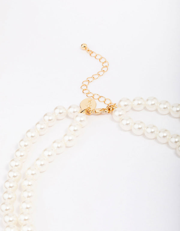 Gold Pearl Cross Multi Row Layered Necklace