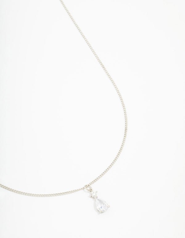 Silver Cubic Zirconia Pear Pendant Necklace