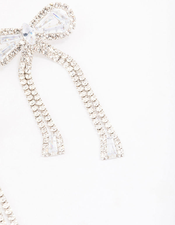 Silver Large Diamante Bow Drop Earrings