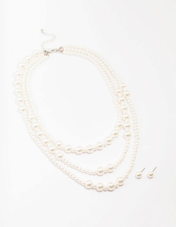 Pearl Beaded Layered Necklace & Stud Earring Set