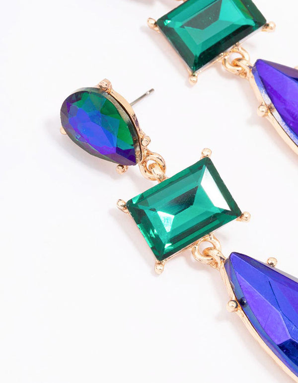 Gold Multi Blue & Green Stone Drop Earrings