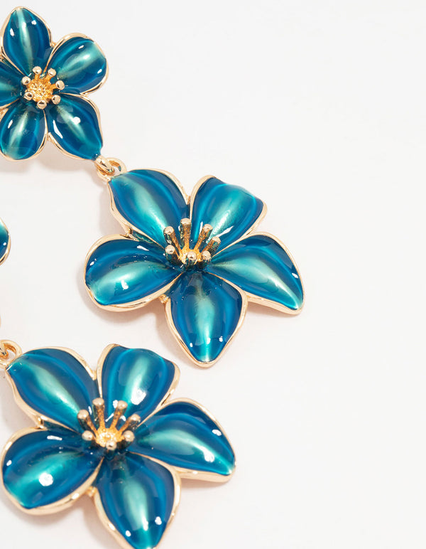 Gold Double Blue Flower Drop Earrings