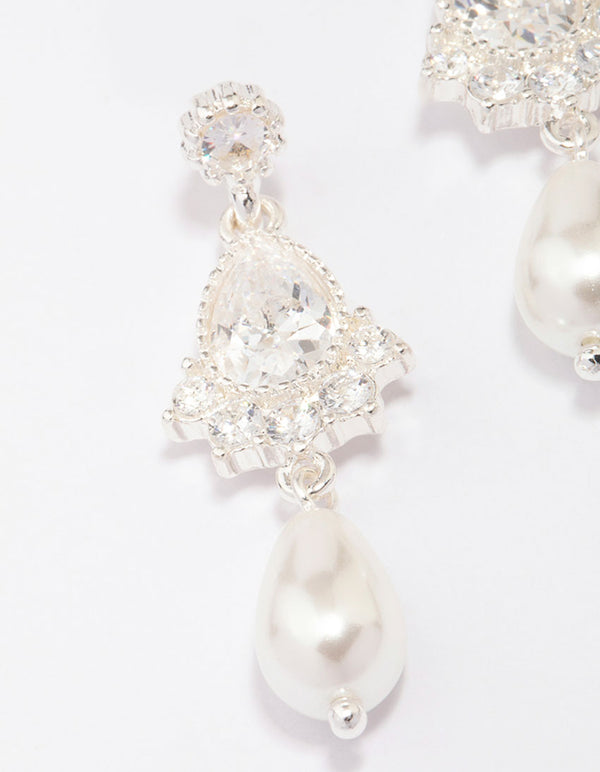 Silver Cubic Zirconia Antique Pearl Drop Earrings