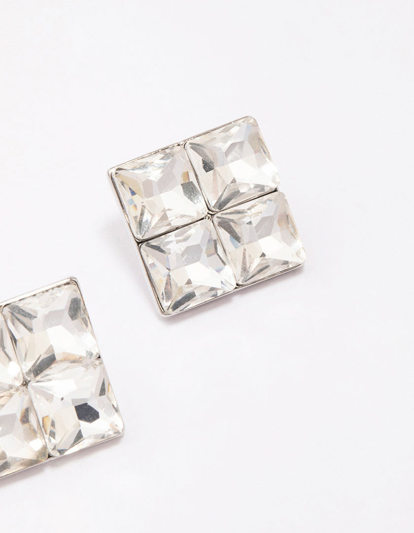 Silver Square Diamante Stud Earrings