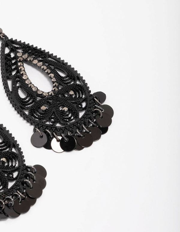 Black Teardrop Beaded Drop Earrings