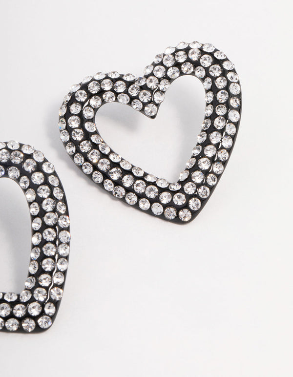 Gunmetal Diamante Heart Stud Earrings