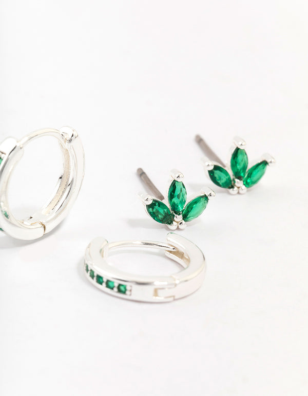 Silver Plated Brass  Cubic Zirconia Marquise Stud & Huggie Hoop Earring Pack