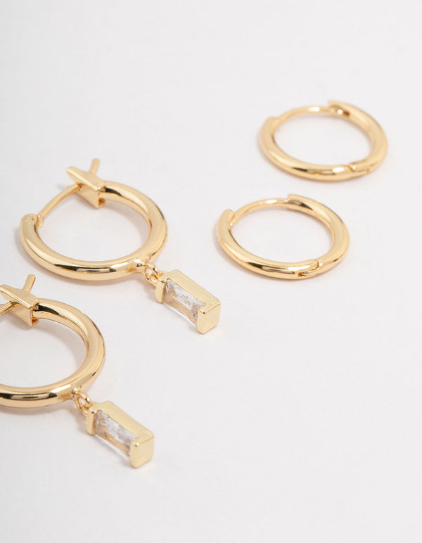 Gold Plated Brass Cubic Zirconia Baguette Hoop Earring 3-Pack