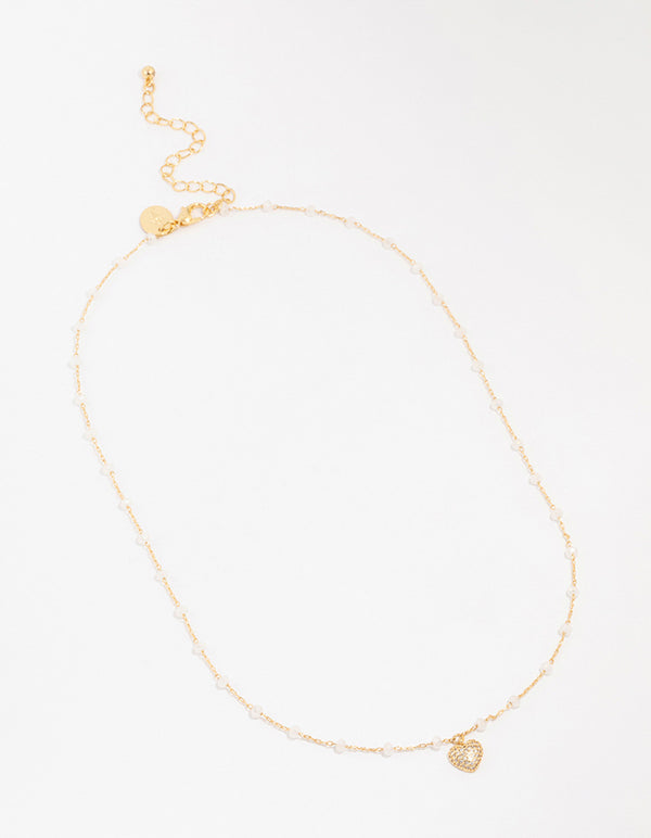 Gold Plated Brass Station Puffy Cubic Zirconia Heart Pendant Necklace