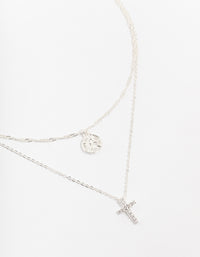 Silver Plated Brass  Cubic Zirconia Cross Coin Layered Necklace - link has visual effect only